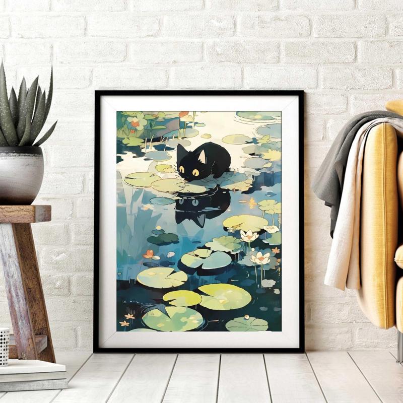 Cat Drinking Water On Lotus Leaves Canvas Poster Wall Art
