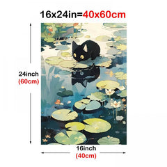 Cat Drinking Water On Lotus Leaves Canvas Poster Wall Art