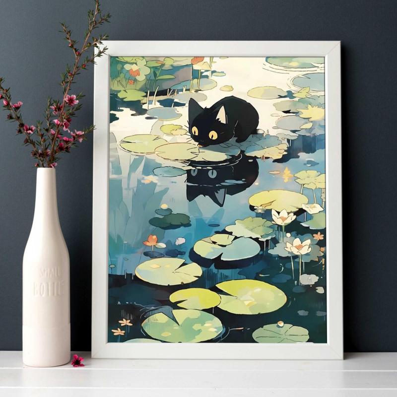 Cat Drinking Water On Lotus Leaves Canvas Poster Wall Art