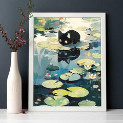 Cat Drinking Water On Lotus Leaves Canvas Poster Wall Art