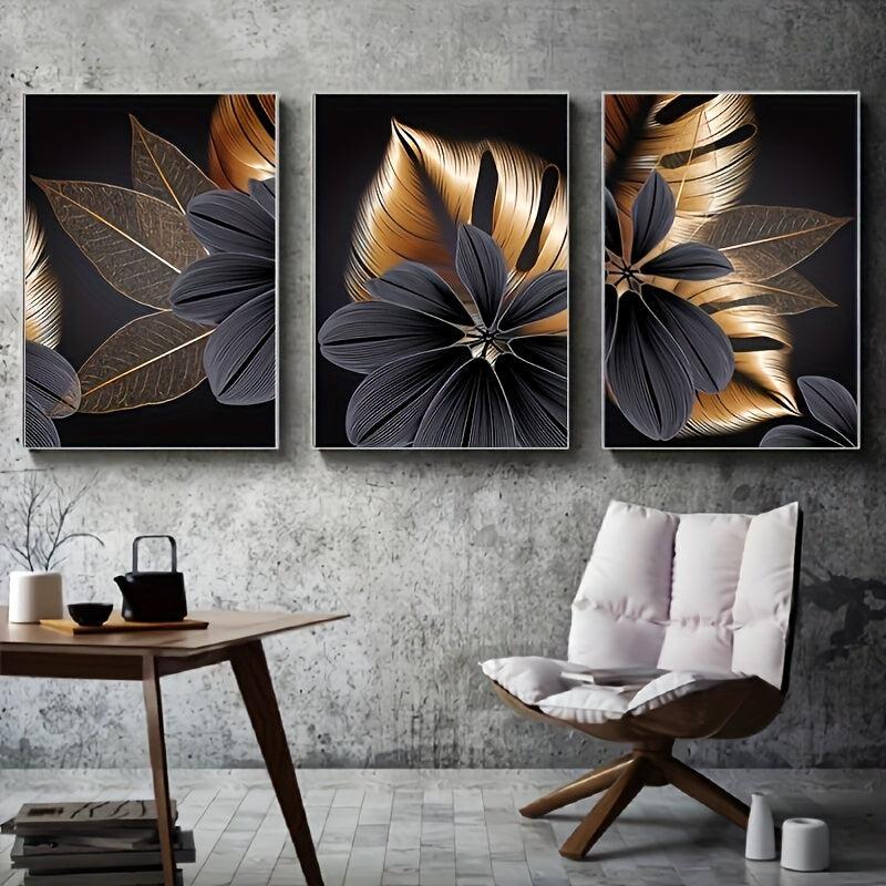 3pc Golden Plant Leaf Canvas Posters Abstract Wall Art