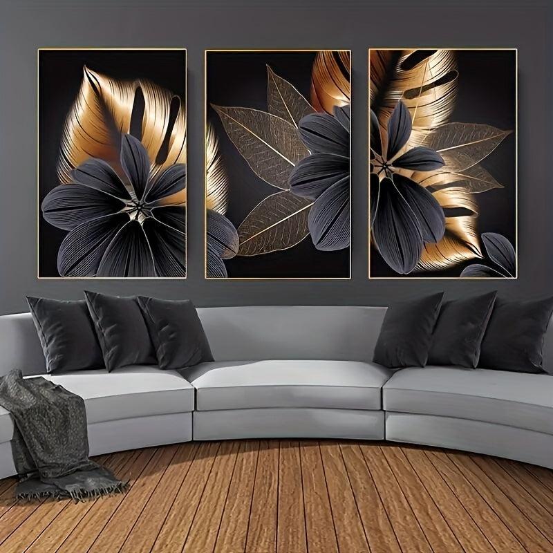 3pc Golden Plant Leaf Canvas Posters Abstract Wall Art