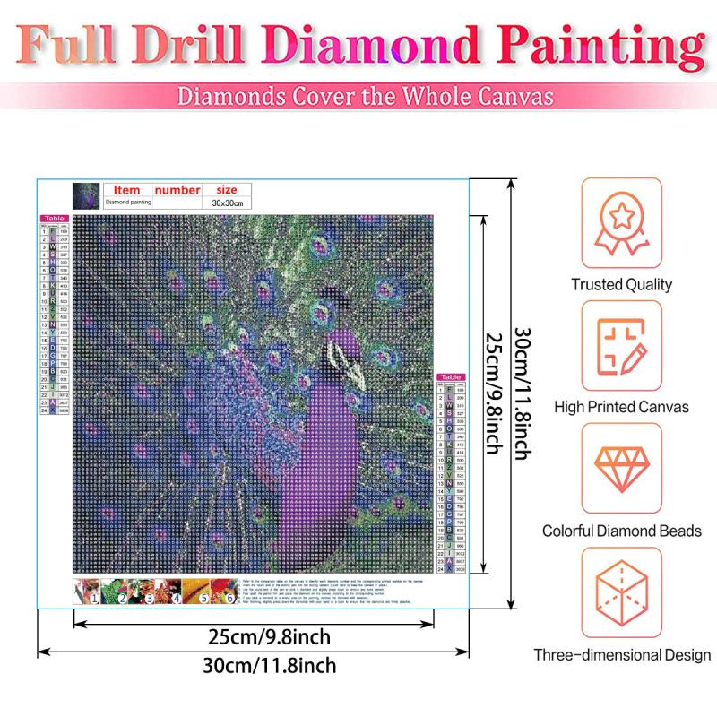 Peacock Diamond Painting Kit Full Drill Embroidery 30x30cm Stunning Wall Decor