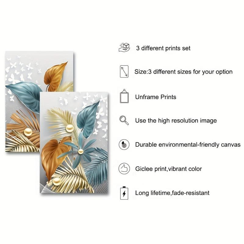 3pcs Golden Leaves Butterfly Abstract Canvas Painting