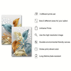 3pcs Golden Leaves Butterfly Abstract Canvas Painting