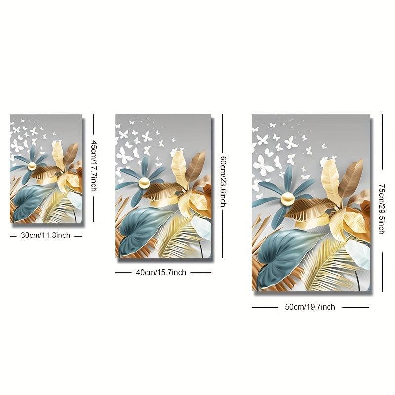 3pcs Golden Leaves Butterfly Abstract Canvas Painting