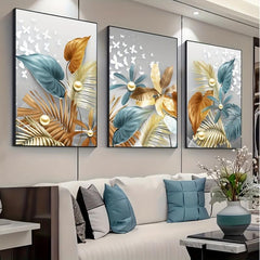 3pcs Golden Leaves Butterfly Abstract Canvas Painting