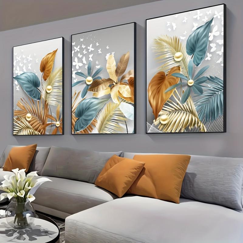 3pcs Golden Leaves Butterfly Abstract Canvas Painting