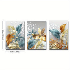 3pcs Golden Leaves Butterfly Abstract Canvas Painting