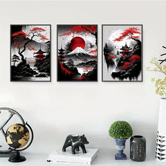 Japanese Natural Landscape Canvas Painting And Red Posters Vintage Ink Art Wall