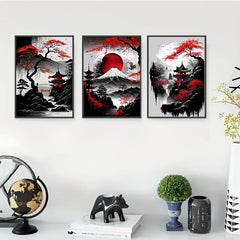 Japanese Natural Landscape Canvas Painting And Red Posters Vintage Ink Art Wall