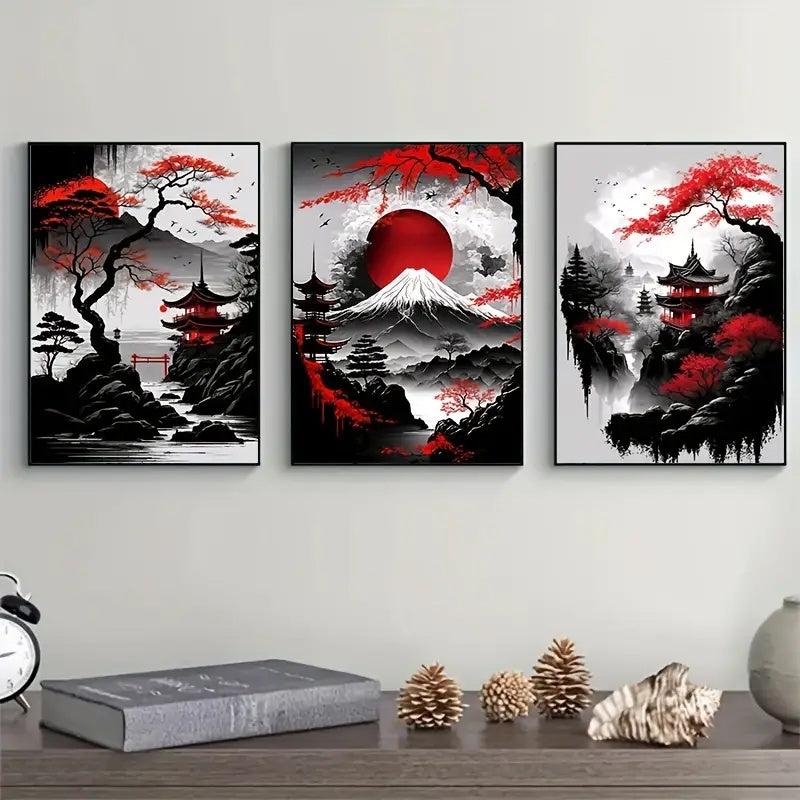 Japanese Natural Landscape Canvas Painting And Red Posters Vintage Ink Art Wall