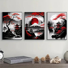 Japanese Natural Landscape Canvas Painting And Red Posters Vintage Ink Art Wall