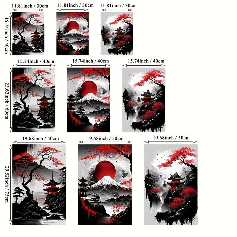 Japanese Natural Landscape Canvas Painting And Red Posters Vintage Ink Art Wall