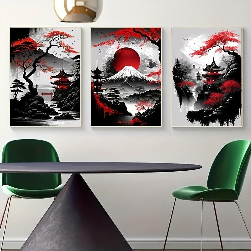 Japanese Natural Landscape Canvas Painting And Red Posters Vintage Ink Art Wall