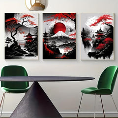 Japanese Natural Landscape Canvas Painting And Red Posters Vintage Ink Art Wall