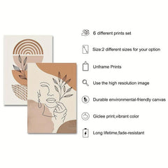6pcs Boho Abstract Art Canvas Paintings Line Drawing Woman Plant Leaf Posters