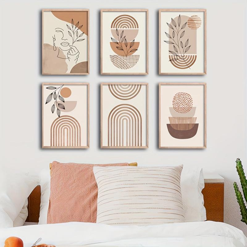 6pcs Boho Abstract Art Canvas Paintings Line Drawing Woman Plant Leaf Posters