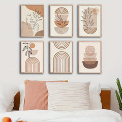 6pcs Boho Abstract Art Canvas Paintings Line Drawing Woman Plant Leaf Posters