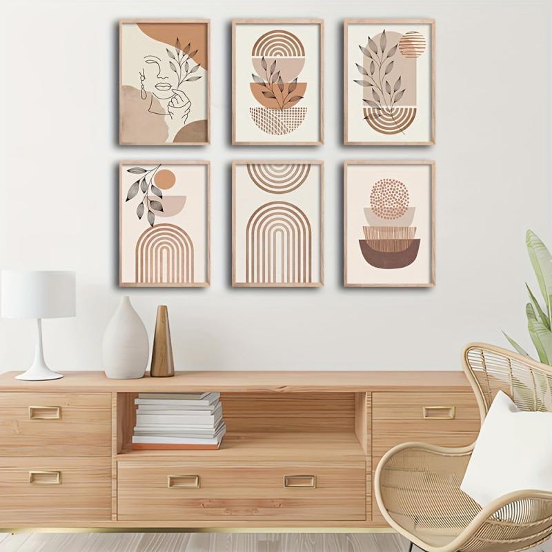 6pcs Boho Abstract Art Canvas Paintings Line Drawing Woman Plant Leaf Posters