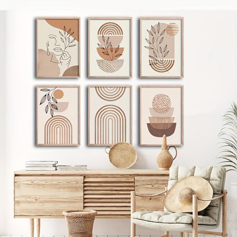 6pcs Boho Abstract Art Canvas Paintings Line Drawing Woman Plant Leaf Posters
