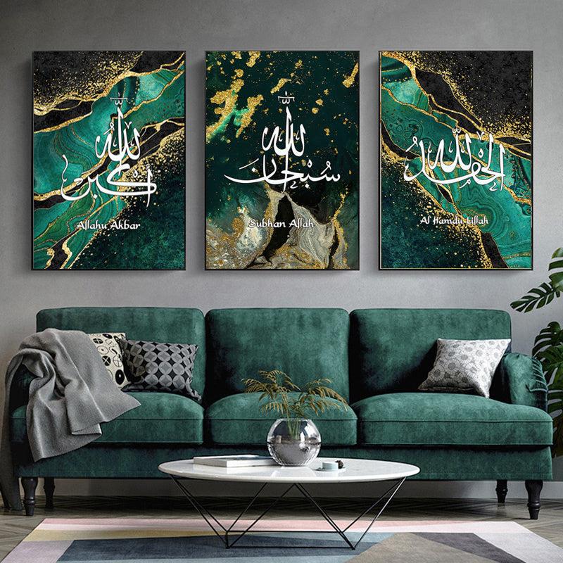 3pcs Arabic Islamic Script Canvas Art Poster Green Turquoise Gold HD Print