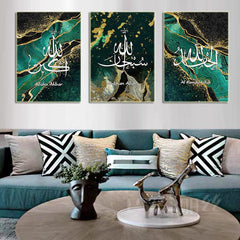 3pcs Arabic Islamic Script Canvas Art Poster Green Turquoise Gold HD Print