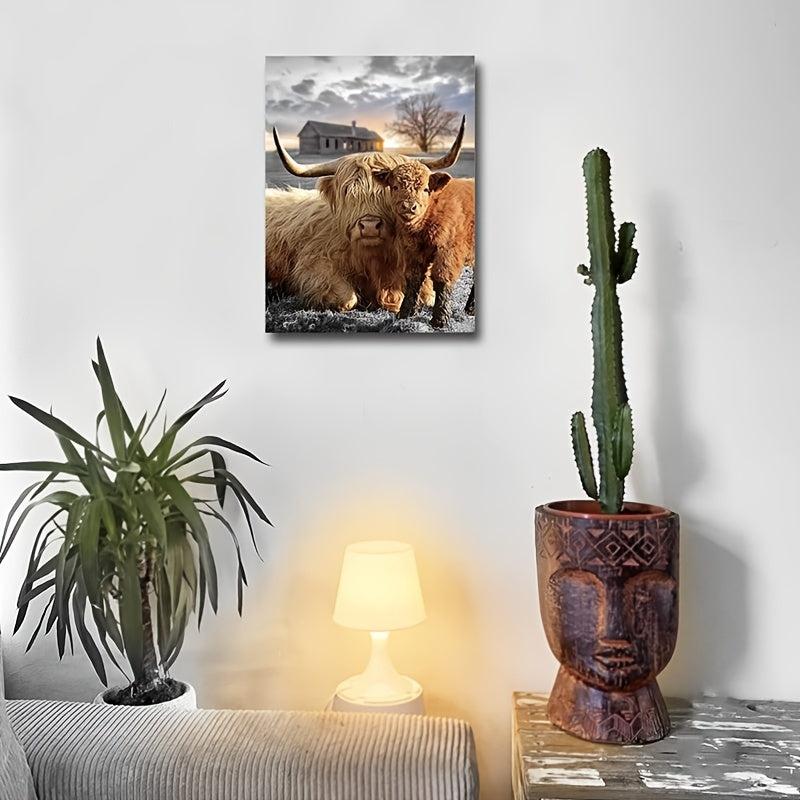 Highland Cow Canvas Wall Art Animal Print Picture Framed Farmhouse Painting