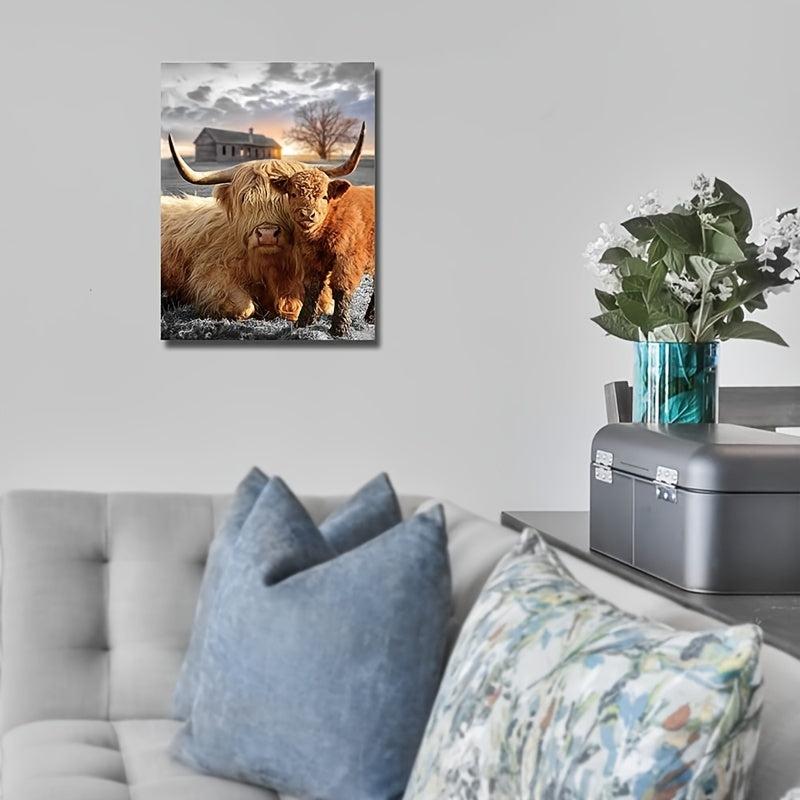 Highland Cow Canvas Wall Art Animal Print Picture Framed Farmhouse Painting