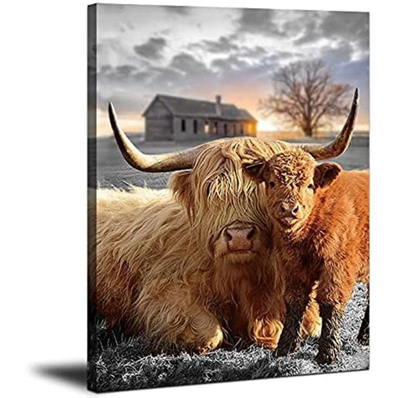Highland Cow Canvas Wall Art Animal Print Picture Framed Farmhouse Painting