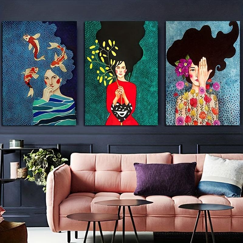 3pcs Bohemia Woman Abstract Flowers Canvas Poster Art
