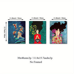 3pcs Bohemia Woman Abstract Flowers Canvas Poster Art