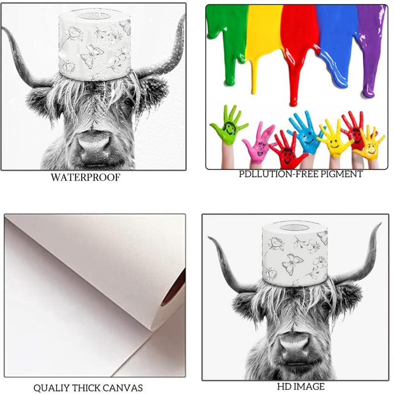 Canvas Poster Modern Art Rustic Head Toilet Paper Funny Cow Bathroom