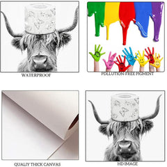 Canvas Poster Modern Art Rustic Head Toilet Paper Funny Cow Bathroom