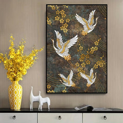 2pcs Golden Flowers Crane Canvas Painting Chinese Style Animal Poster
