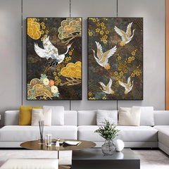2pcs Golden Flowers Crane Canvas Painting Chinese Style Animal Poster