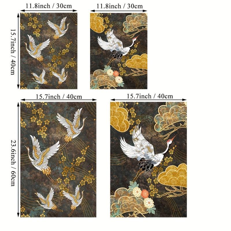 2pcs Golden Flowers Crane Canvas Painting Chinese Style Animal Poster