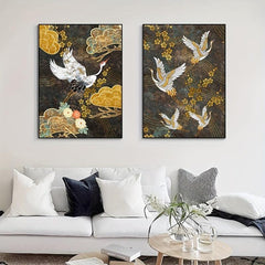 2pcs Golden Flowers Crane Canvas Painting Chinese Style Animal Poster