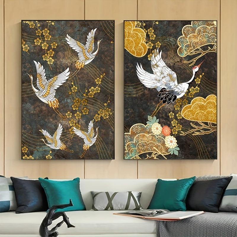 2pcs Golden Flowers Crane Canvas Painting Chinese Style Animal Poster