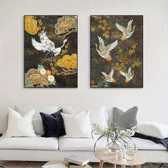 2pcs Golden Flowers Crane Canvas Painting Chinese Style Animal Poster