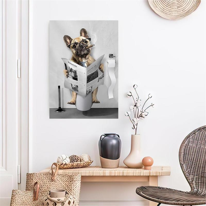 Funny Dog Bathroom Wall Art Canvas Bulldog Bathroom Decor