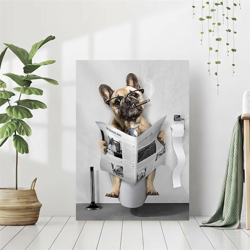 Funny Dog Bathroom Wall Art Canvas Bulldog Bathroom Decor