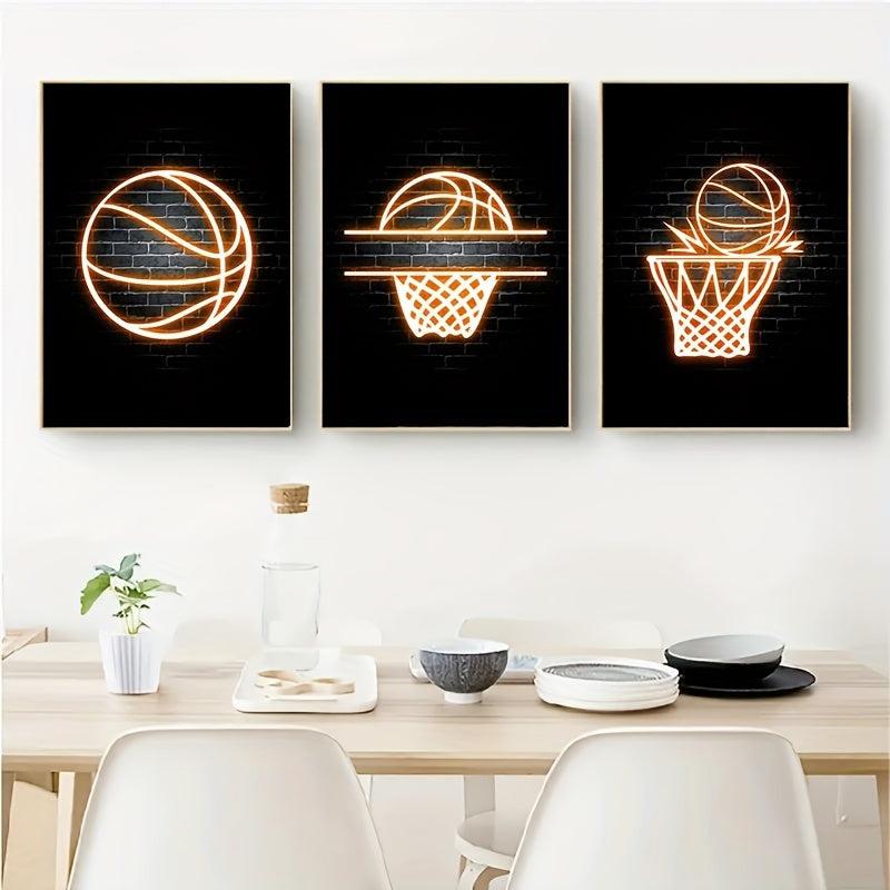 3pcs Basketball Posters And Prints Neon Light Canvas Painting Modern Murals
