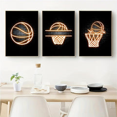 3pcs Basketball Posters And Prints Neon Light Canvas Painting Modern Murals