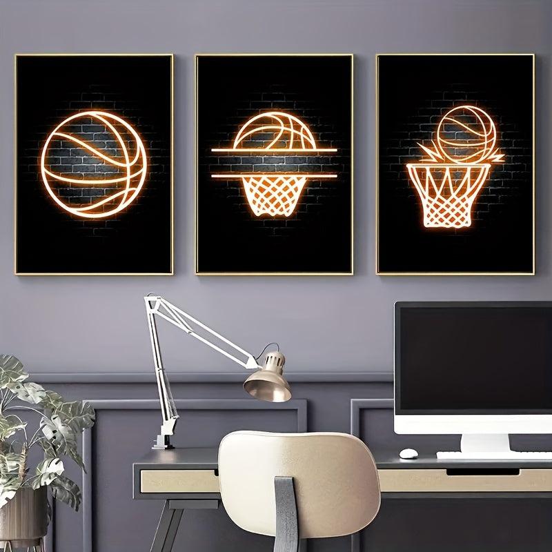 3pcs Basketball Posters And Prints Neon Light Canvas Painting Modern Murals