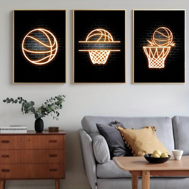 3pcs Basketball Posters And Prints Neon Light Canvas Painting Modern Murals
