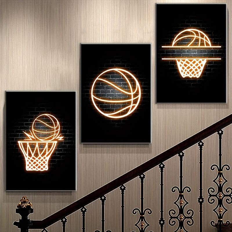 3pcs Basketball Posters And Prints Neon Light Canvas Painting Modern Murals