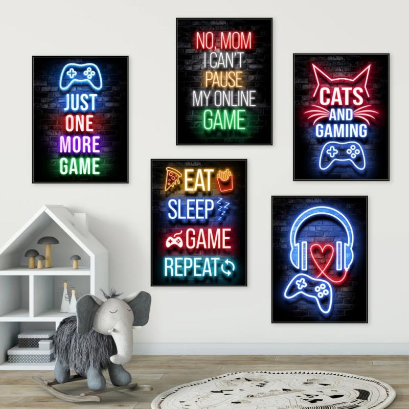 Gamer Quotes Canvas Poster Neon Gaming Decor - Living Room Bedroom Office Bar