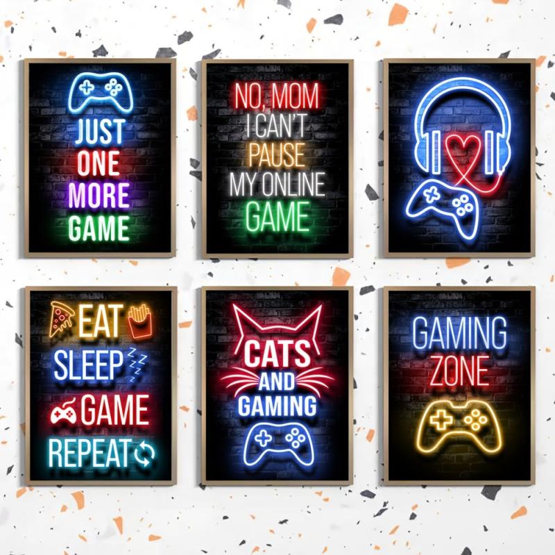 Gamer Quotes Canvas Poster Neon Gaming Decor - Living Room Bedroom Office Bar