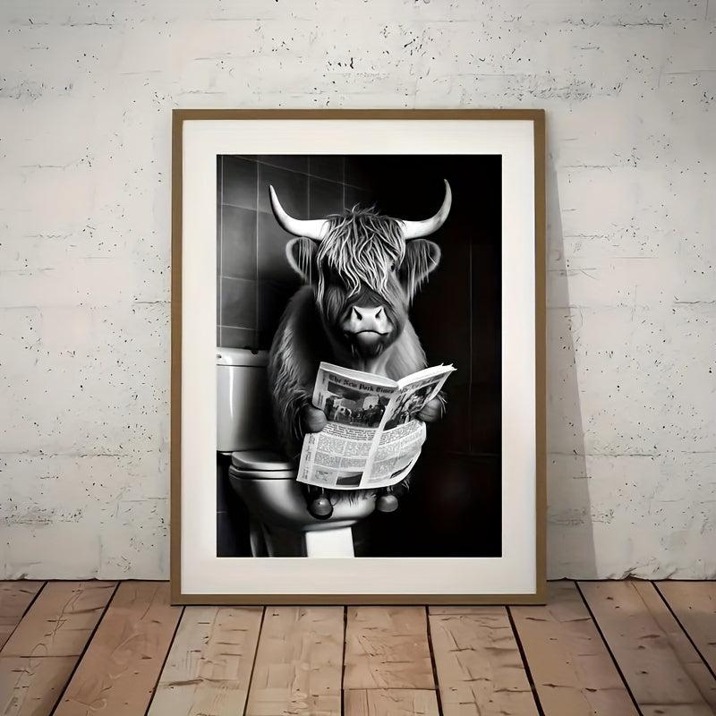 Canvas Funny Highland Cow Newspaper Toilet Print Gift Wall Art Decor